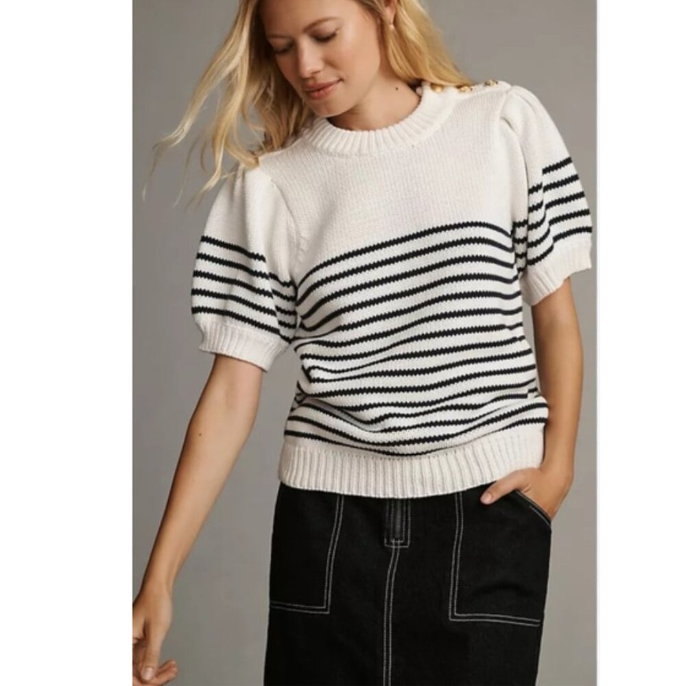 ENGLISH FACTORY Stripe Short Puff Sleeve Sweater Black & White Size S